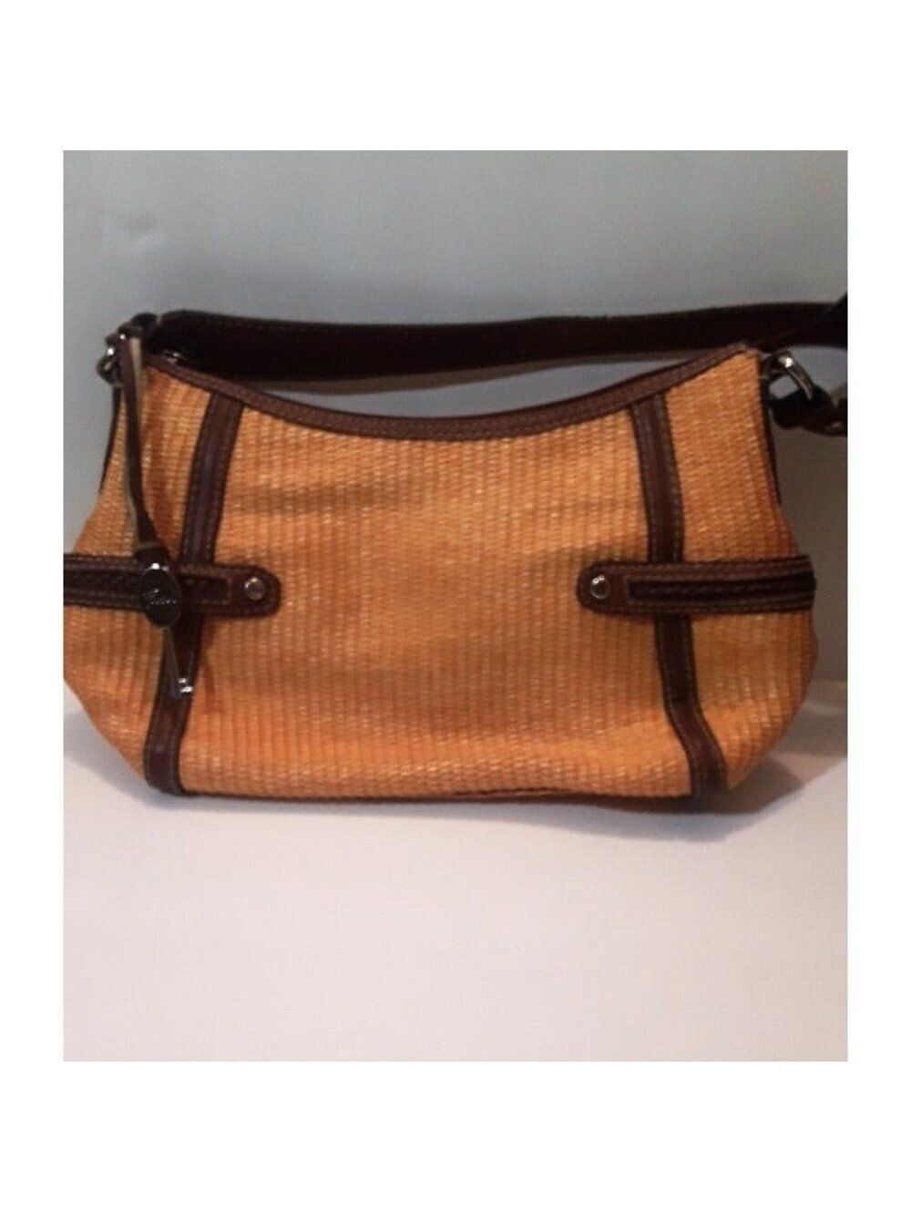 Fossil Woven Straw Basket Weave Handbag Brown Leather Trim Y2K Boho Purse
